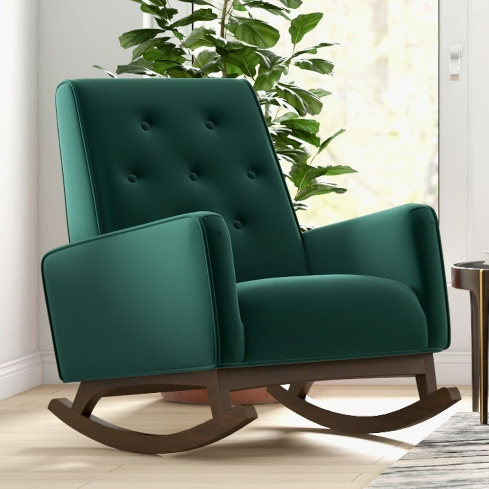 Demetrius Solid Wood Rocking Chair – Mid-Century Modern Accent Chair with Velvet Upholstery for Living Room, Nursery, or Bedroom