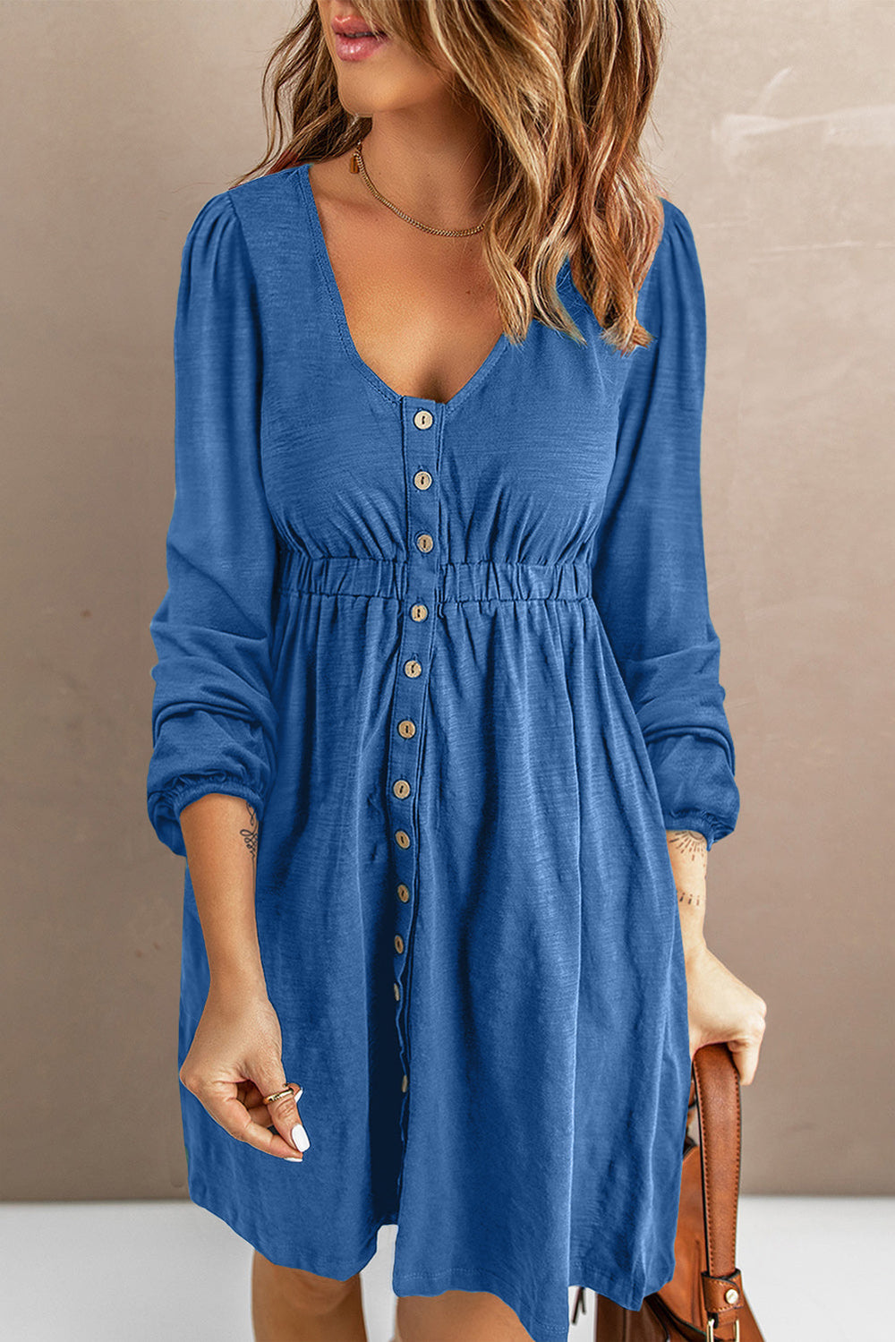 Scoop Neck Empire Waist Long Sleeve Mini Dress – Flowy Party & Cocktail Dress for Women